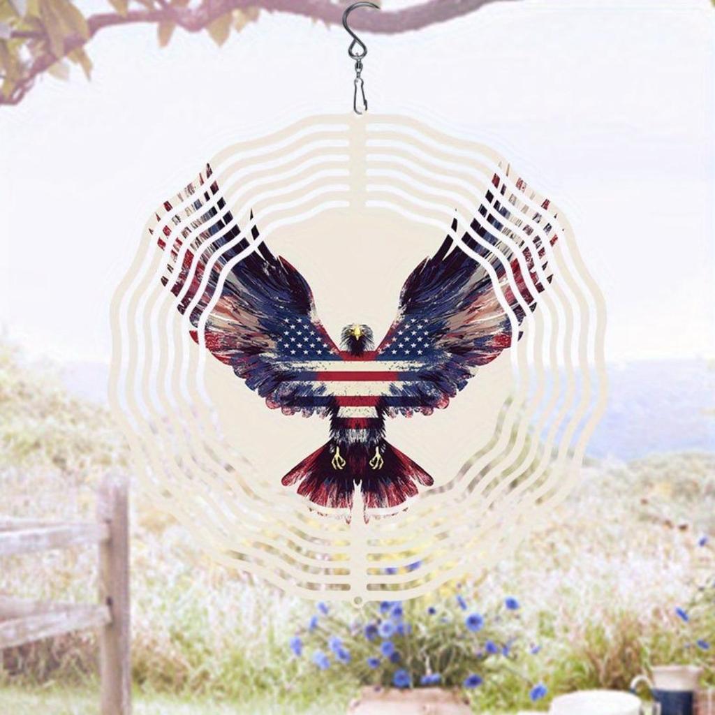 1pc Patriotic Eagle & American Flag Metal Mandala Wind Chime - 360° Rotating Hook, No Batteries Needed, Durable Outdoor Garden & Balcony Decor