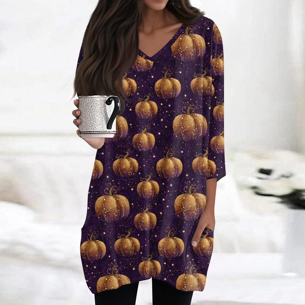 Womens's Fashion Casual Halloween Print V-neck Mid Length Pocket 3/4 Sleeve Top