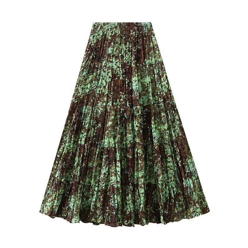 Qooth Elegant Women A Line Pleated Flower Skirt Midi Length Elastic Waist Casual Skirt QT2753