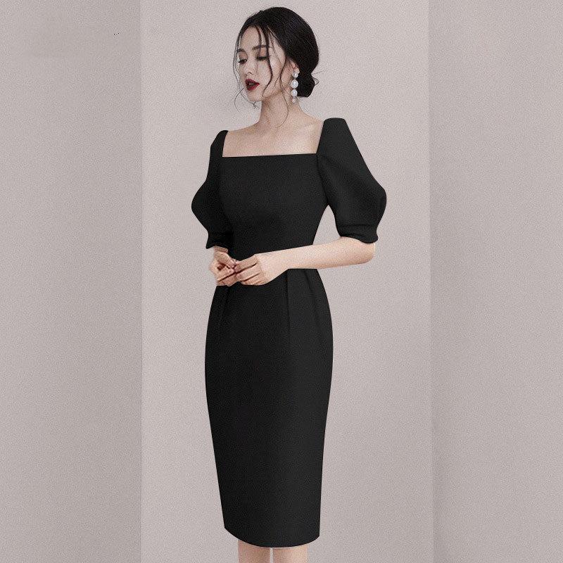 2020 French Socialite Style Square Neck Puff Sleeve High Waist Slimming White Evening Dress