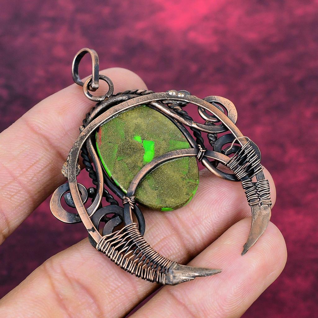 Copper Green Turquoise Pendant Copper Wire Wrapped Pendant Real Gemstone Jewelry