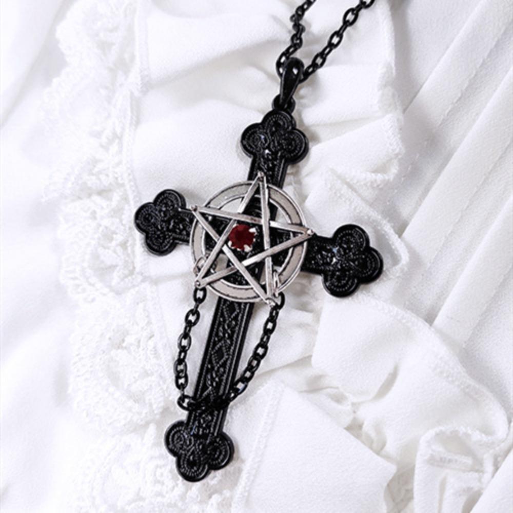Gothic Dark Five-pointed Star Cross Relief Pattern Red Zircon Pendant Necklace for Women Men Hallowmas Punk Fashion Jewelry Gift