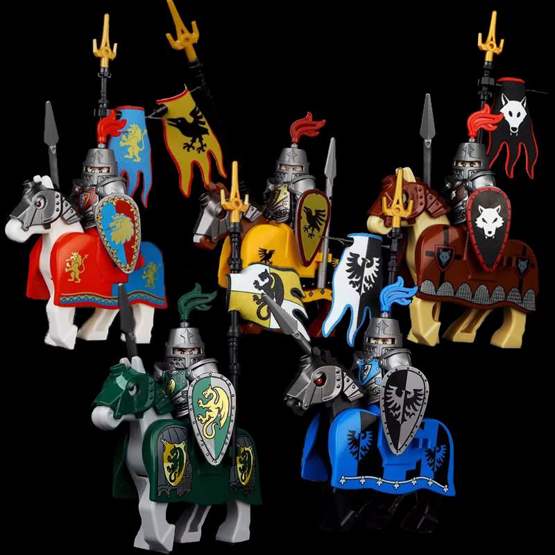 MOC Medieval Knight Castle Figures Building Blocks Weapon Wolf Swordsmen Guard Bow Arrow Shield Flags Warhorse Toys Gifts S002