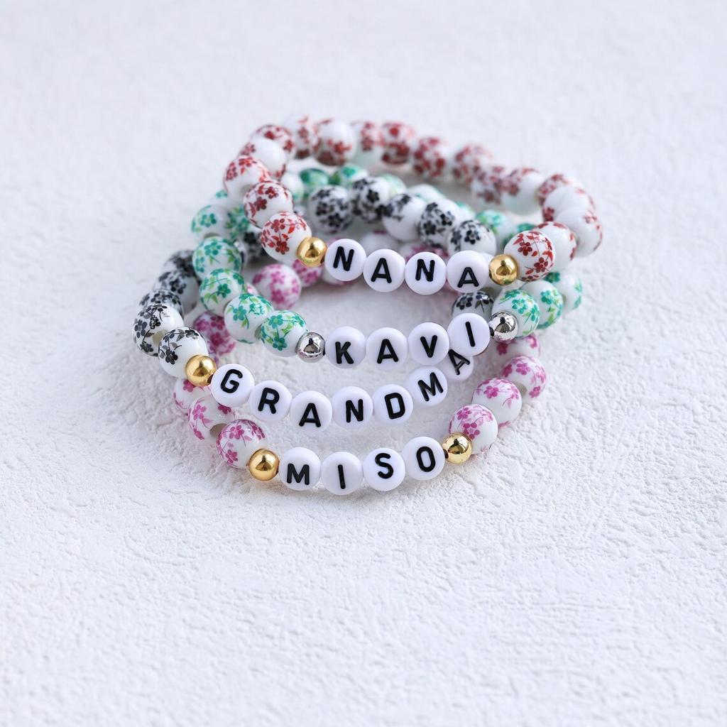 Vlen Personalized Name Custom Letter Bracelet Chinese Style Blue and White Porcelain Beaded Stretch Elastic Jewelry Gift for Her
