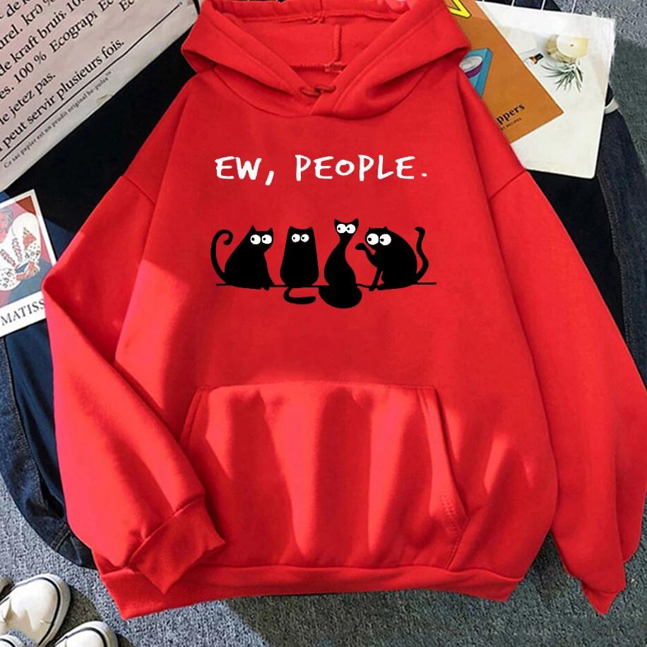 American Vintage 2025 Autumn Winter Woman Hoodies EW PEOPLE Letter Print Top Funny Harajuku Cartoon Black Cat Pattern Clothing