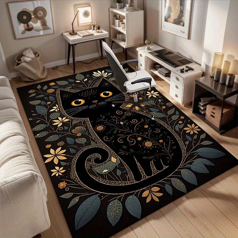 1pc. Elegant Black Cat with Floral Frame Rug - Perfect for Home Decor, Office Carpet, Chair Cover, Outdoor Mat, and Gift Idea