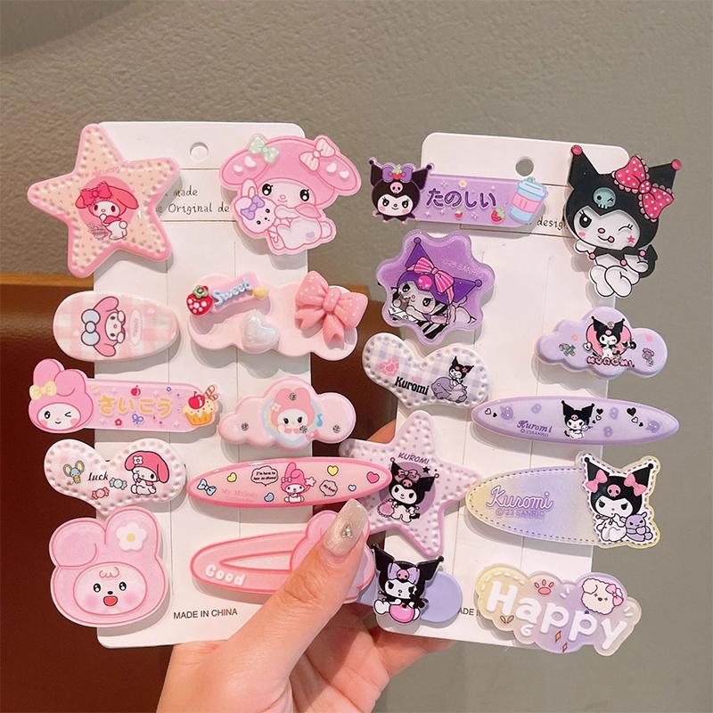 10Pcs Hellokitty Cute Headwear Children'S Acrylic Hair Clip For Girls Kuromi Forehead Hair Clip Melody Bangs Clips