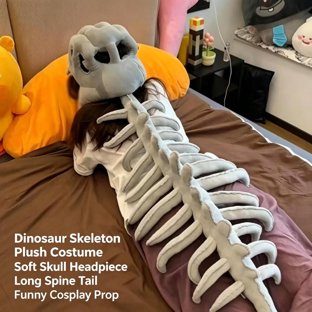 Dinosaur Skeleton Head Hood Plush Costume with Bone Frame for Kids Adults, Cute Dinosaur Skeleton Suit Cosplay Toy Gift 90/120cm