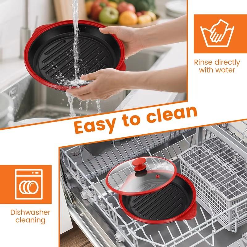 High-Capacity Nonstick Microwave Grill Pan with Cover, Durable Frying Tool for Effortless Kitchen Cooking