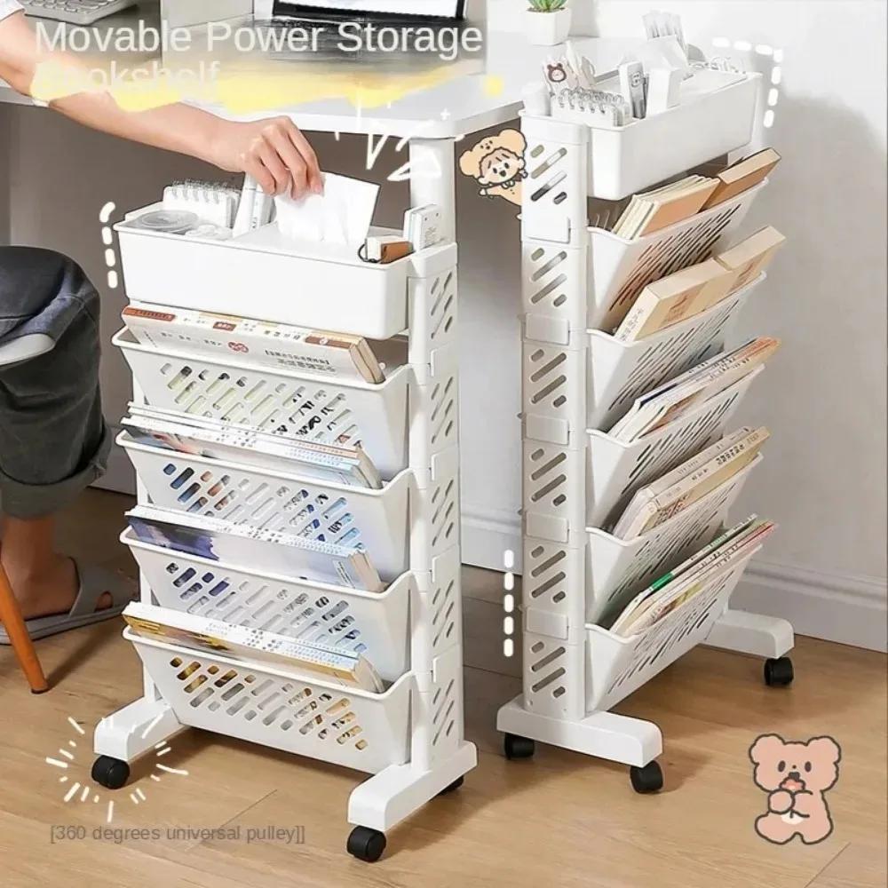 Mobile Bookshelf with Wheels Multi-layer Storage Basket Large Capacity Rotatable Removable Practical Plastic Organizer Shelfs
