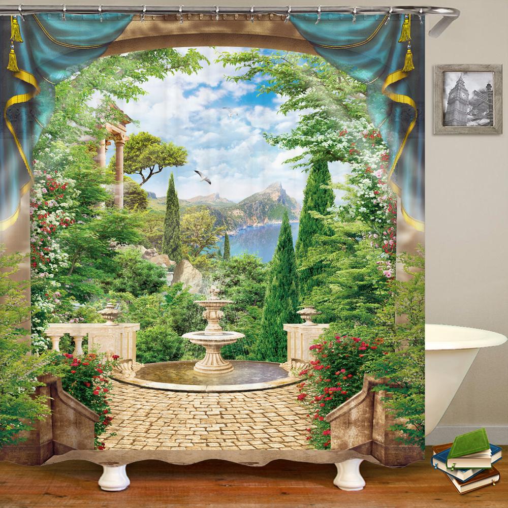 Flowers Scenery Waterproof Shower Curtains Rural Street Flowers Bathroom Curtains Polyester Fabric Washable Decor Bath Curtains