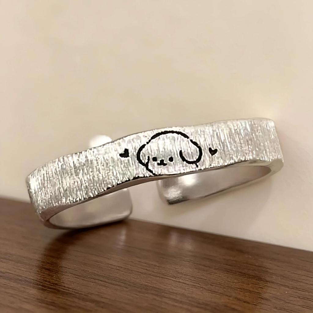S925 Sterling Silver Brushed Cat and Dog Couple Rings - Cute Graffiti Style for Valentine's Day
