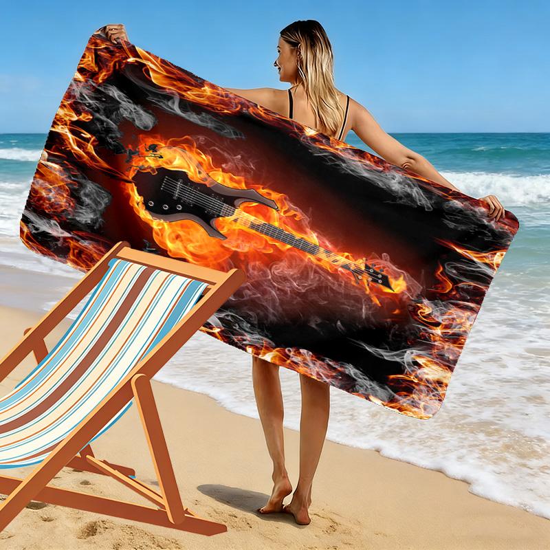 Fire Guitar Print Beach Towel, Large Soft Quick Dry Towel for Beach Camping Swimming