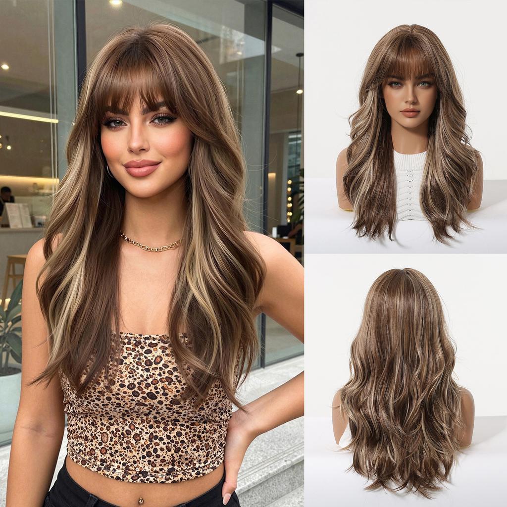 Women Long Wave Layered Brown Hair with Bangs Synthetic Mixed Blond Wigs for Daily Cosplay Heat Resistant Fibre