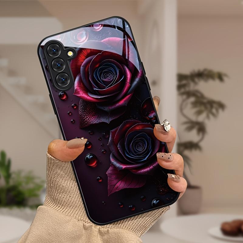Red Flower Patterned Glass Phone Case Suitable for Samsung Galaxy S26 S25 S24 S23 S22 S20 FE/Ultra/Plus Anti Drop Back Cover