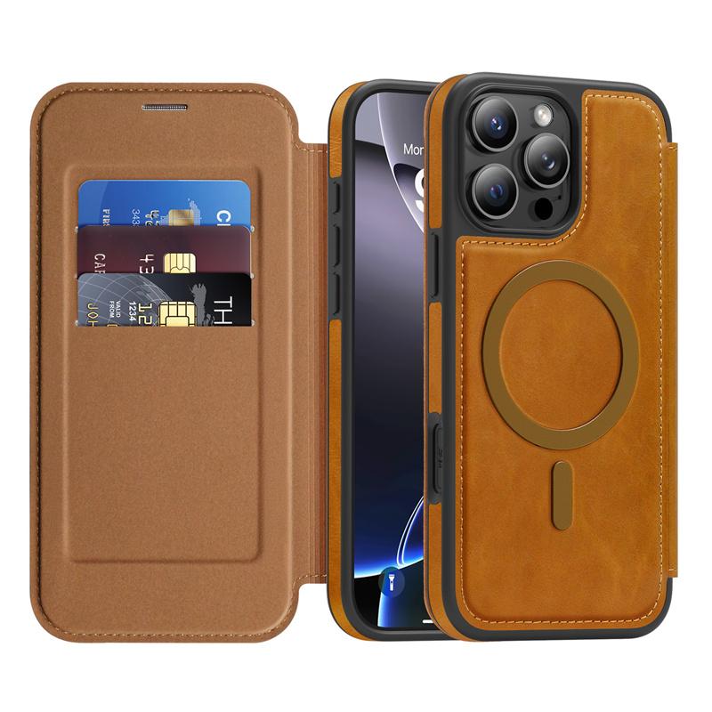 

PU Leather Magnetic Flip Bracket Case For iPhone 16E 11 12 13 14 15 16 Pro Max Plus For Magsafe Slot Wallet Protect Cover For iPhone 16 ProMax