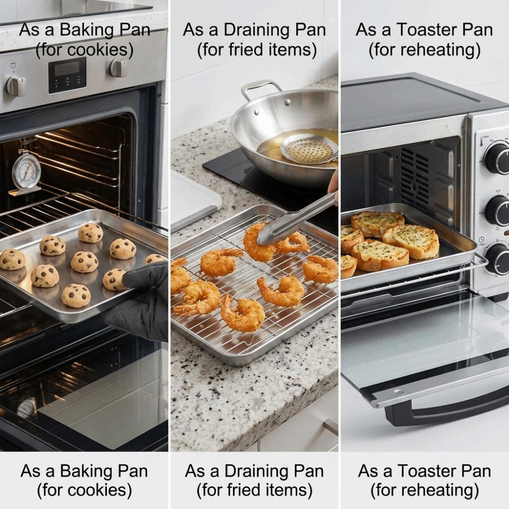 304 Rustless Steel Flat Tray Thickened BBQ Tray Stackable Drain Tray Rice Cooking 26×20×2.5cm