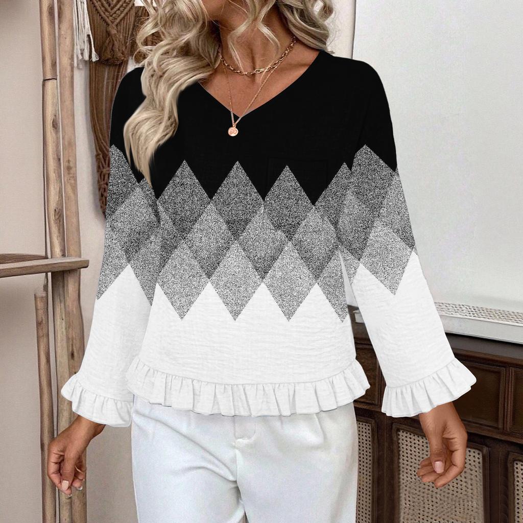 Dámský ležérní módní top s volánky, výstřihem do V, potiskem a dlouhým rukávem