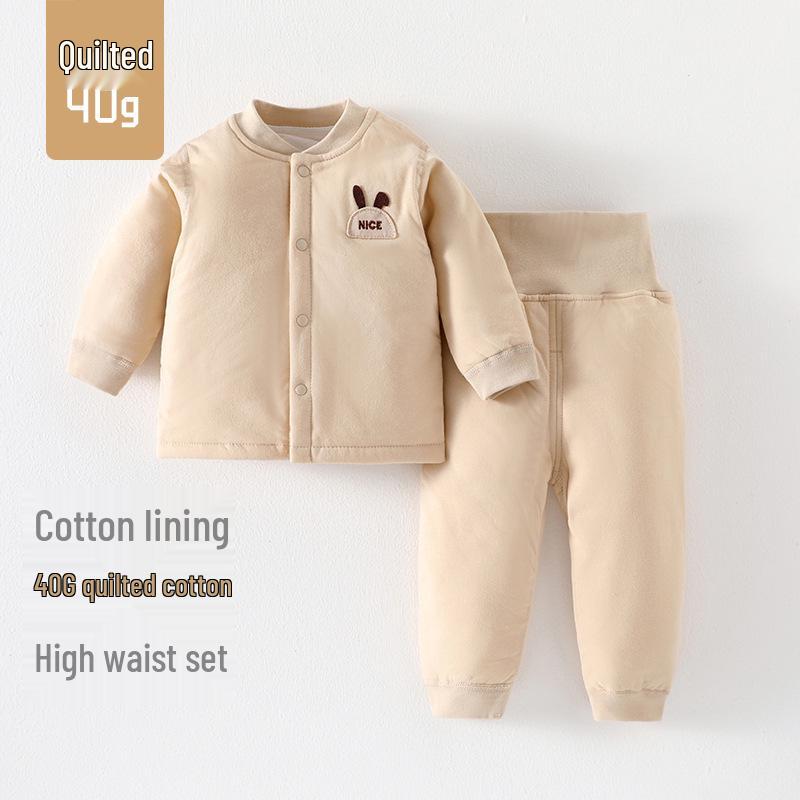 

Стеганый комплект детского термобелья с высокой талией - Осенне-зимняя пижама-двойка с защитой живота 80cm хаки