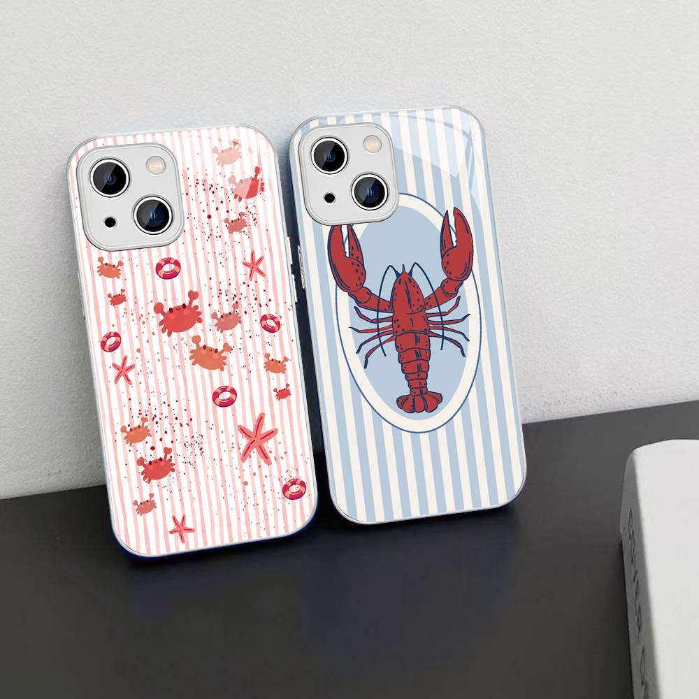 Cute Marine Life, Crabs, Lobsters Tempered Glass For Iphone 14 13 12 11 Pro Mini XS MAX 14Plus X XS XR Cover