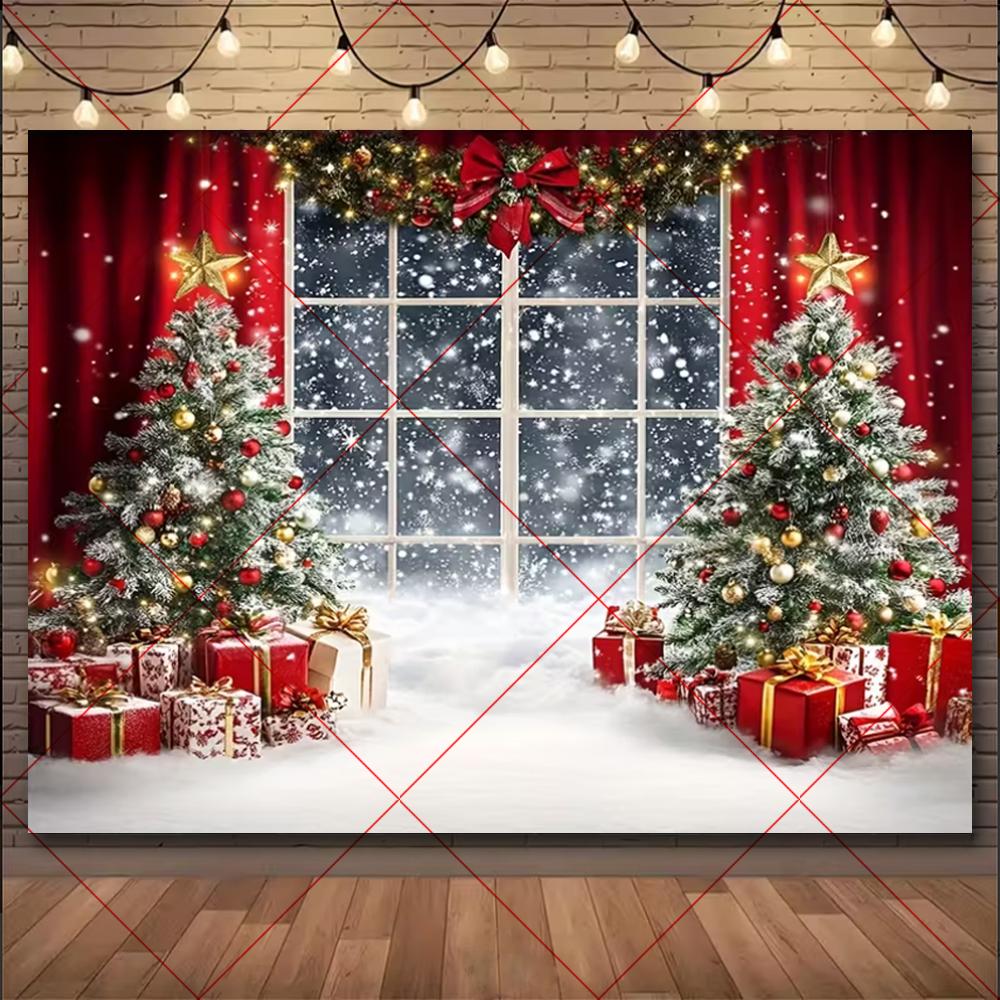 Christmas Winter Background Vintage fireplace Party Decoration Children's Photo Studio Supplies Xmas Tree Lanterns Snowy Scenery