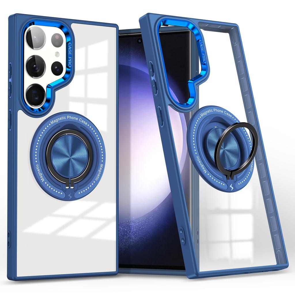 For Samsung Galaxy S23 Ultra Magnetic Case PC+TPU Clear Phone Cover with Ring Kickstand
