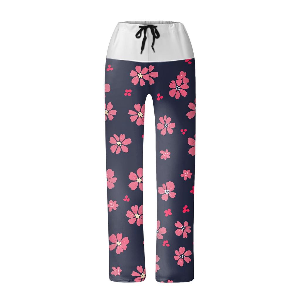 Women's Drawstring Elastic Waistband Wide Leg Color Matching Floral Printed Casual Pants