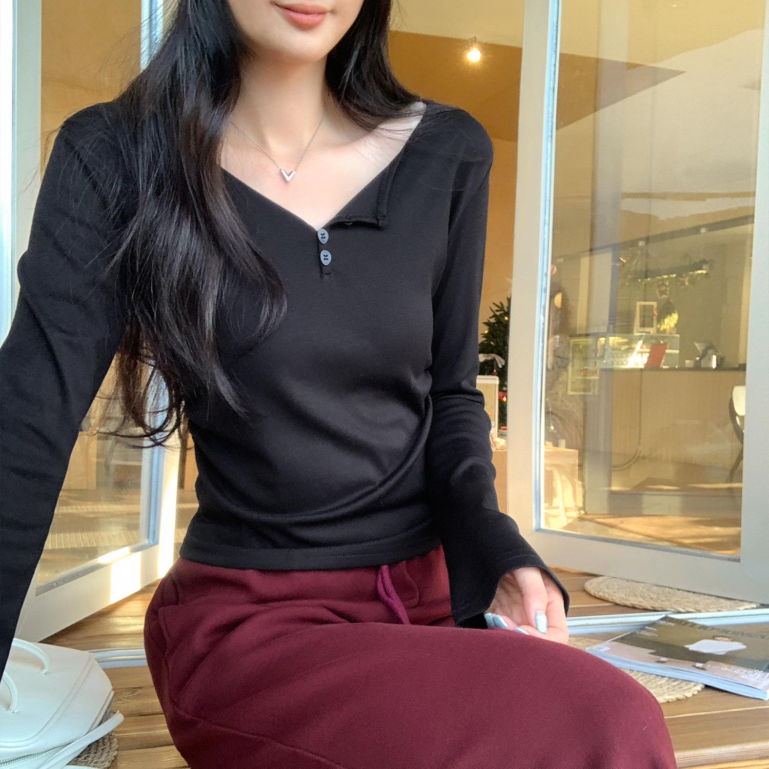 European Half-Open V-Neck Cropped Long-Sleeve Top for Women - Autumn/Winter 2025 Slimming Style Small чёрный