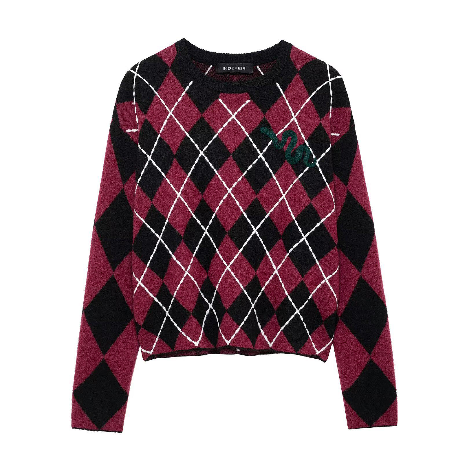 

2025 Spring Women s European & American Style Diamond Pattern Knitted Sweater Small