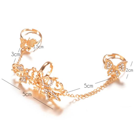 Fashion Rhinestone Hollowed Butterfly Link Finger Ring Adjustable Women Jewelry
