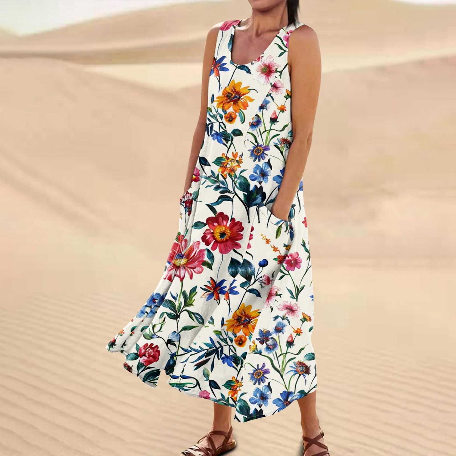 

Женское повседневное удобное хлопковое карманное платье без рукавов с цветочным принтом XL жёлтый