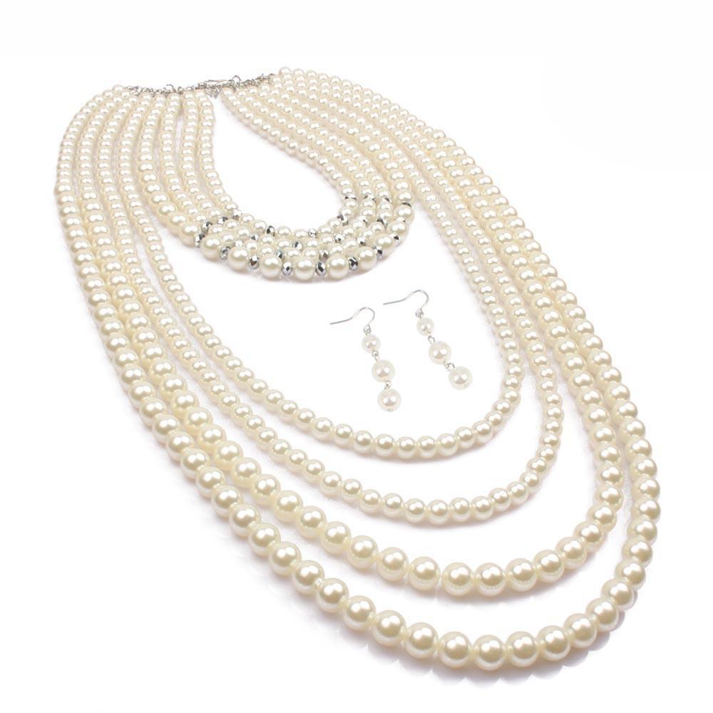 European and American Exaggerated Multi-layer Pearl Necklace with Crystal, Temperament Long Sweater Chain Necklace for Women