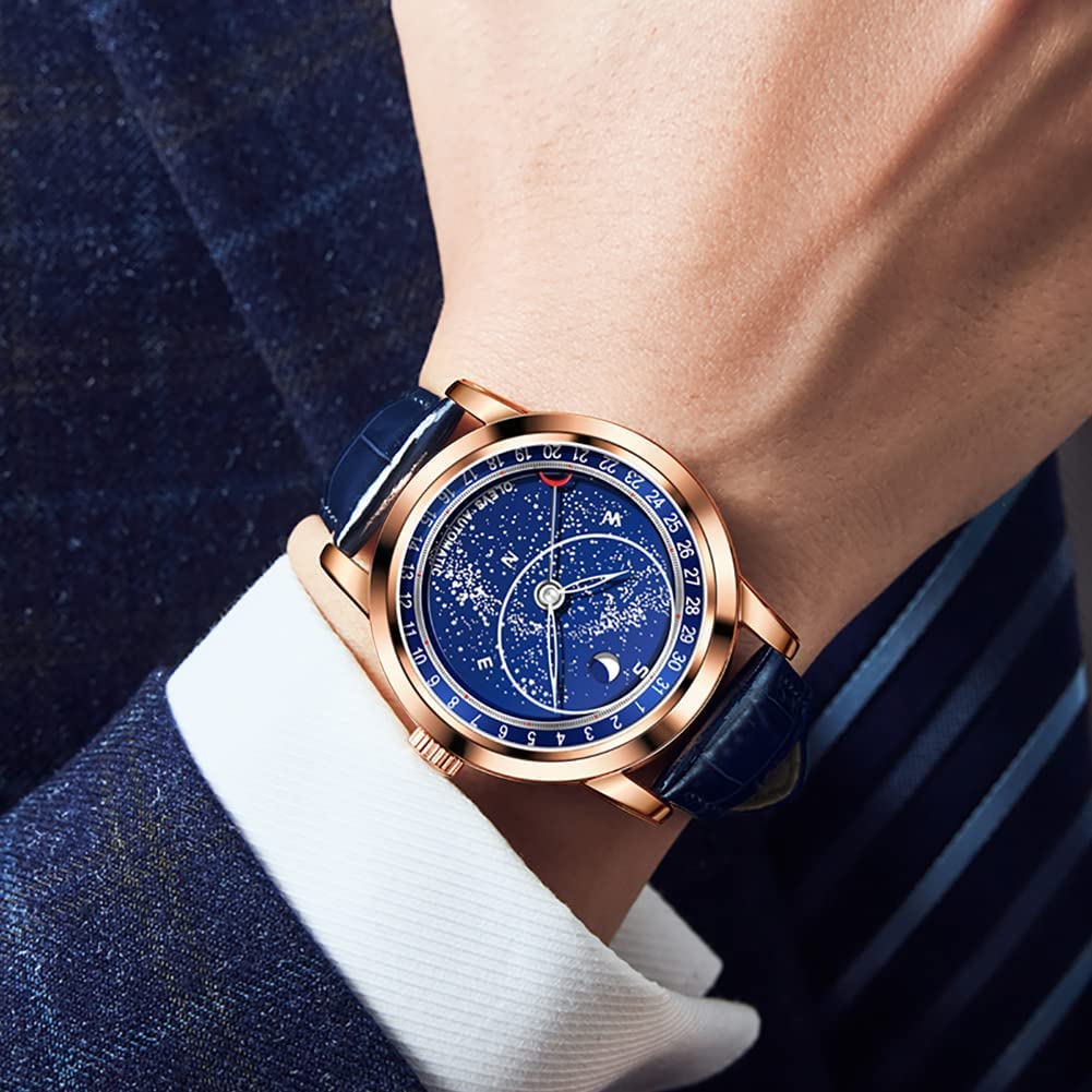 OLEVS Watch Cool Starry Sky Automatic Watch Mechanical Luxury Leather Belt Skeleton Leather Belt Waterproof Blue watch for men Gold Men's Men's (Rose