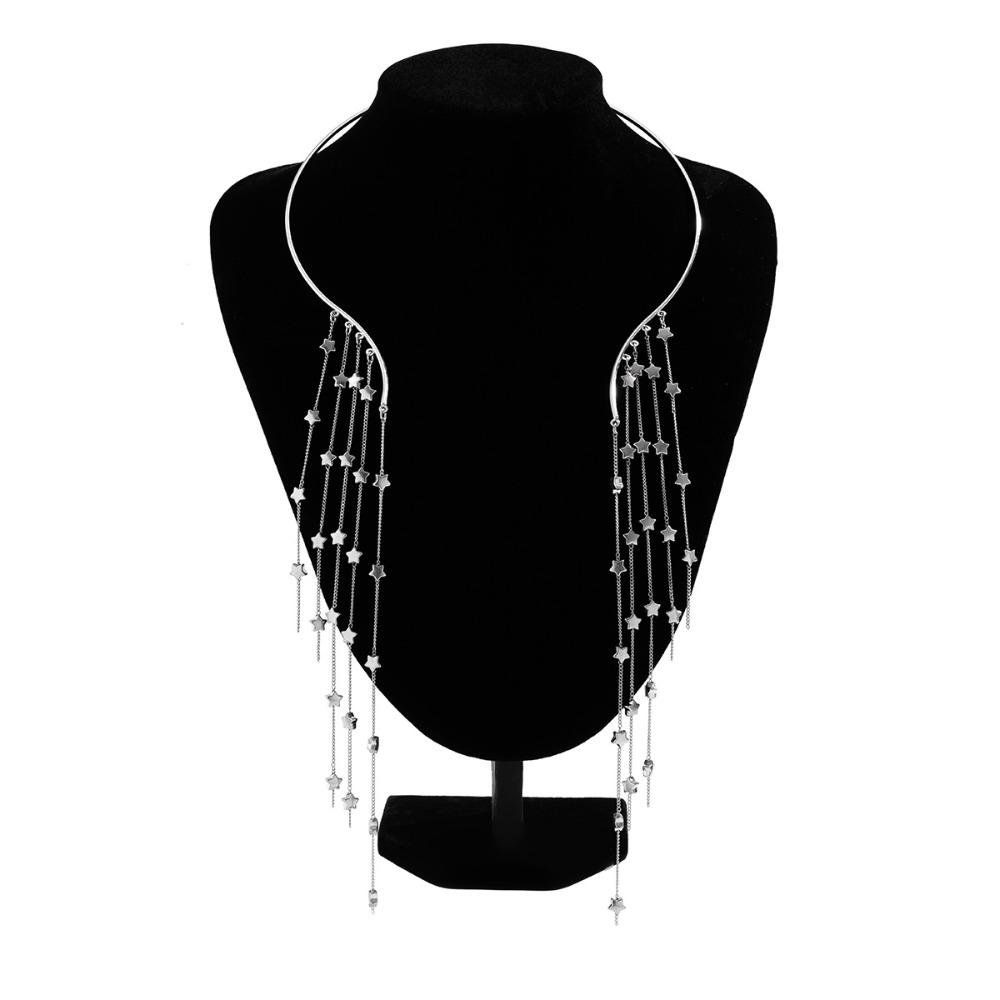 Goth Long Tassel Star Necklace Chest Chain Open Torques Choker Crystal Sequin Pendant  Party