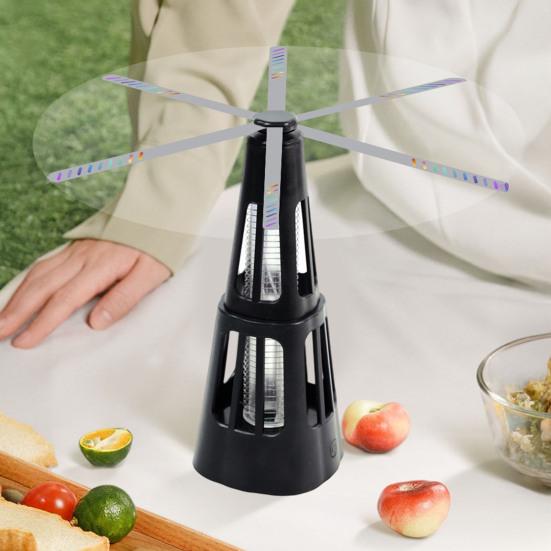Tables Fly Repellent Fan with Holographic Blades Light USB Rechargeable Picnic BBQ Kitchen Restaurant Table Top Fly Deterrent Spinner Fan