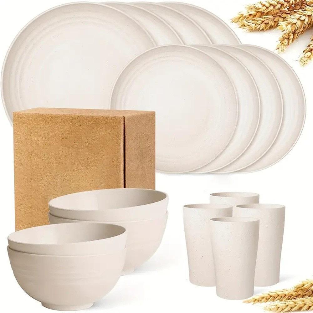 16-Piece Black Wheat Straw Tableware Set: Dinner Plates, Water Cups, Salad Bowls