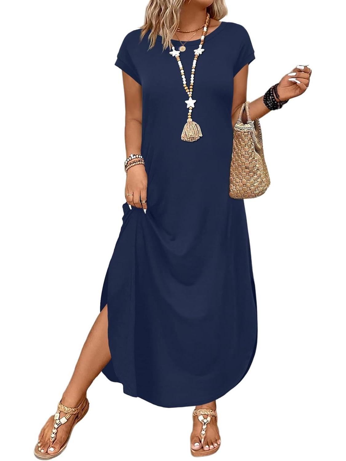 

2026 Women s Short Sleeve Round Neck Long Casual Summer Dress with Pockets L