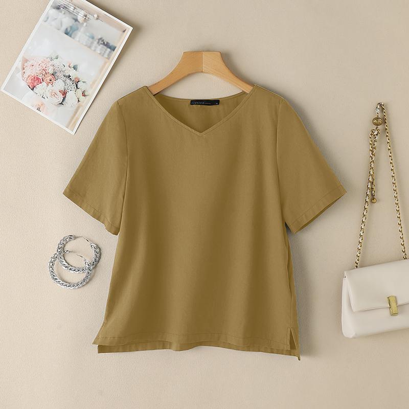 ZANZEA Women Casual V-Neck Summer Short Sleeve Cotton T-Shirts