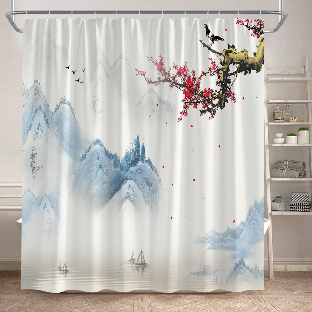 

Ink Landscape Shower Curtain Black Bamboo Bird Abstract Mountain Water Chinese Style Bath Curtain Waterproof Home Bathroom Decor W60H190(CM)-1 Pcs