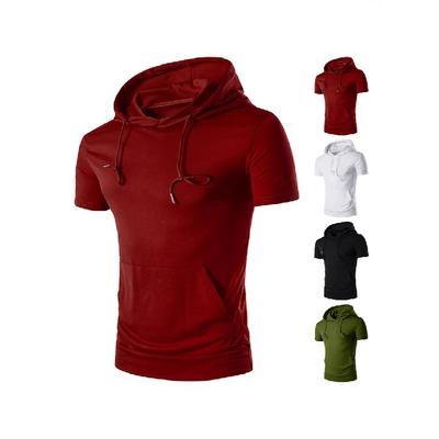 New Summer Men'S Solid Color Hooded Short Sleeved Shirt, Casual Sports T-Shirt, Outdoor Fitness Top For Men