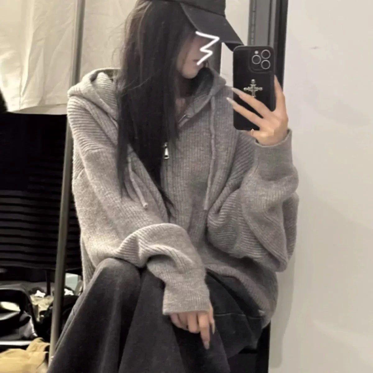 

Корейская женская толстовка на молнии с капюшоном, осенне-зимнее короткое пальто-свитер Large серый