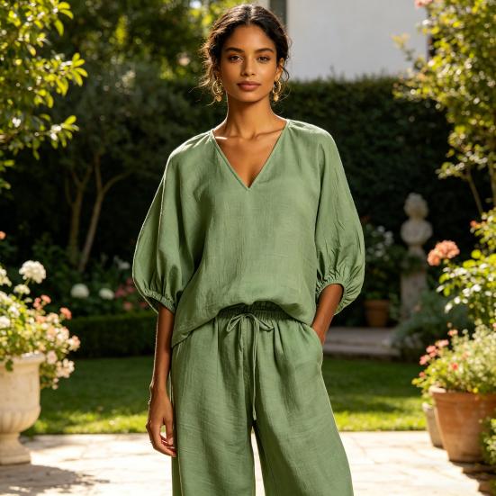 Yousheng Women's Casual 2 Piece Lounge Sets Puff Half Sleeve V Neck Top And Wide Leg Pants Travel Vacation Outfits with