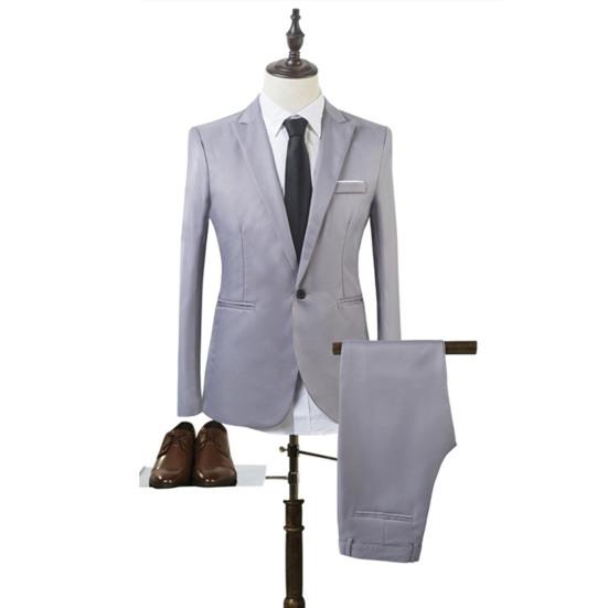 Set de 2 bucăți pentru bărbați, primăvară, toamnă, culoare uni, costum de afaceri cu rever, mânecă lungă, buzunare, cu un singur buton, blazer cu talie mijlocie, pantaloni lungi, slim fit