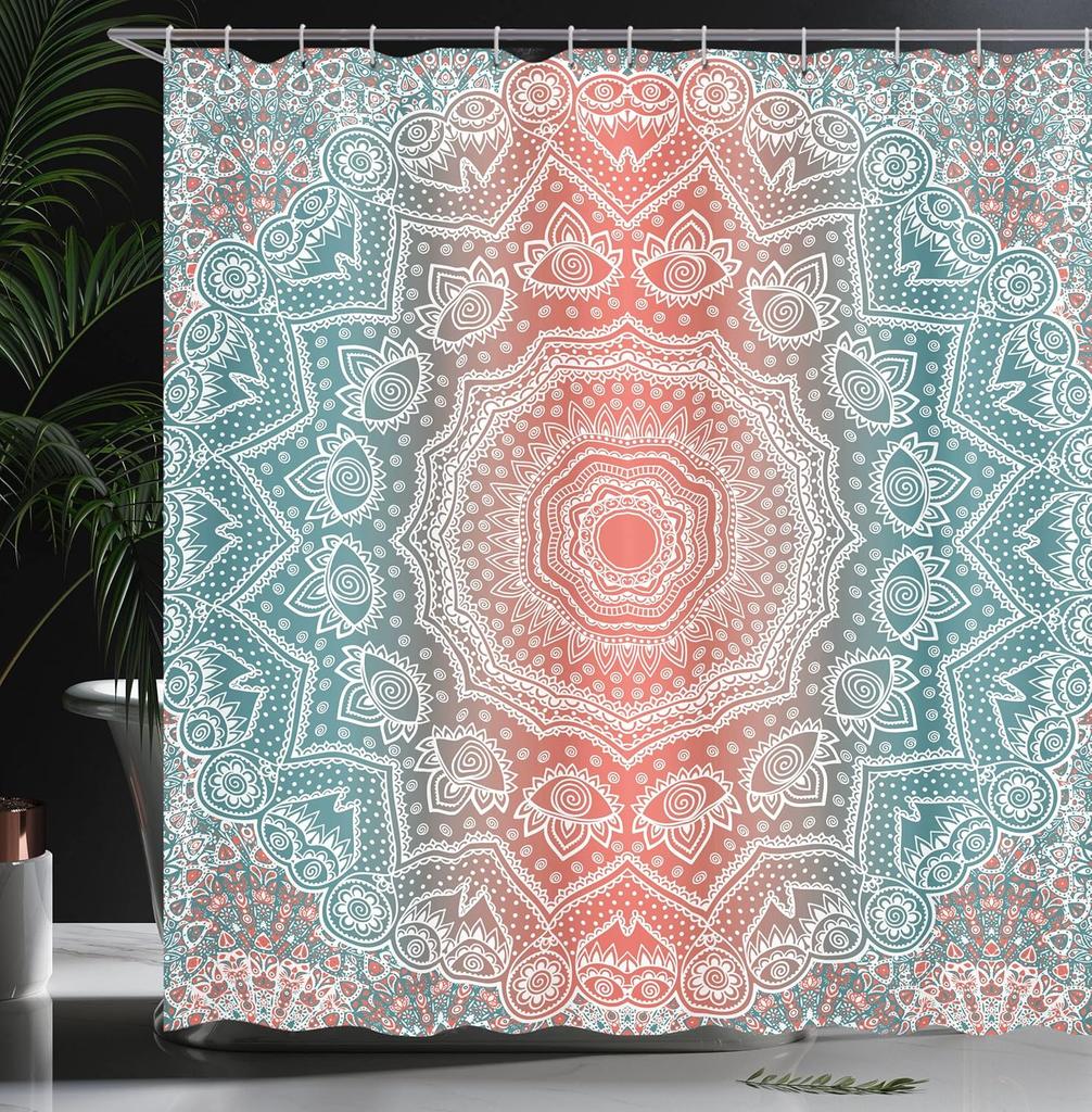 Coral and Blue-Brown Shower Curtain Tribal Mandala Geometric Gradient Fabric Bathroom Decorative Shower Curtain with Hooks