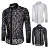 Men Sexy Long Sleeve Solid Color Lace See Through Clubwear Buttons Down Shirt