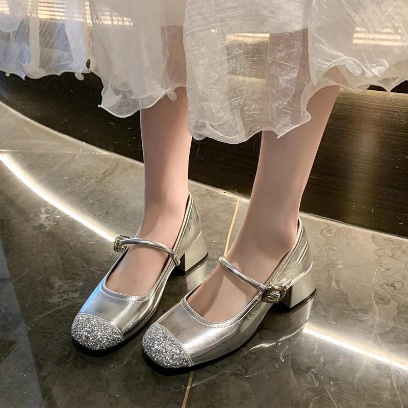 

2024 Summer Women s Spliced Sequin Mary Janes: Shallow Square Toe Chunky Heel with One Strap 37 брудно-білий