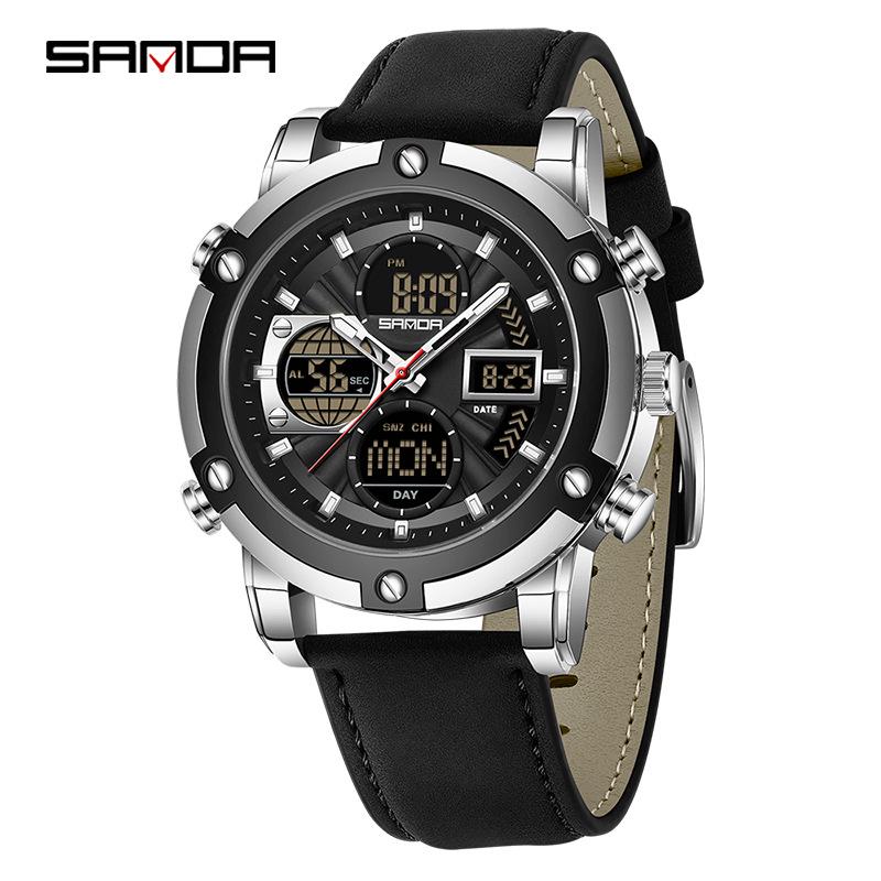 SANDA Men's Multi-Time Zone Steel Band Watch - Luminous, Waterproof, Alarm & Stopwatch Features