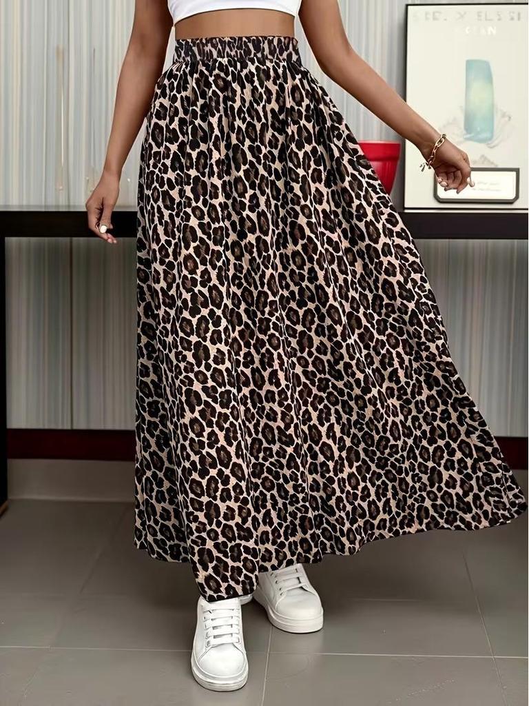 Elegant Leopard Print High-Waisted Skirt Women's Holiday Casual Long Dress