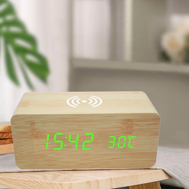 Wireless LED Wood Clock: Digital Alarm with Thermometer, Calendar & Charging Function