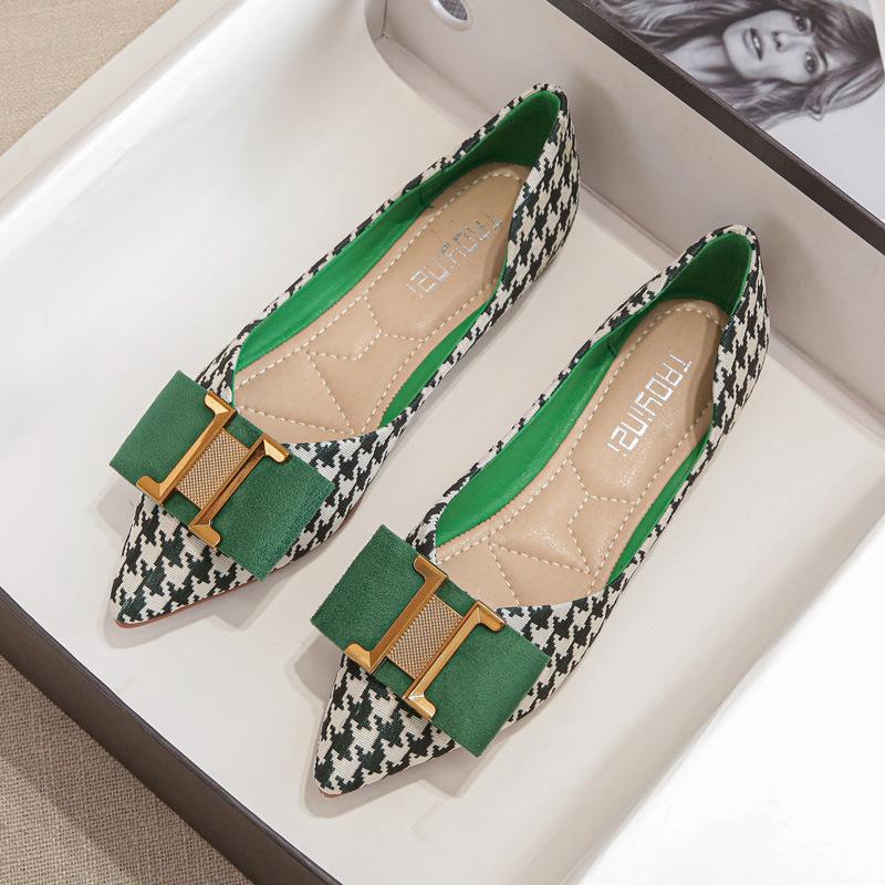Women Flat Shoes Girl Fashion Houndstooth Pointed Toe Boat Shoes Girl Beautiful Slip-on Loafers